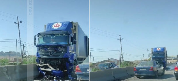 Abşeronda yuxulu sürücü yük maşınını beton arakəsməyə çırpdı – VİDEO