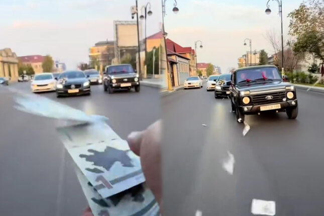 Toy karvanında “avtoş”luq edib yola pul səpdilər (VİDEO)